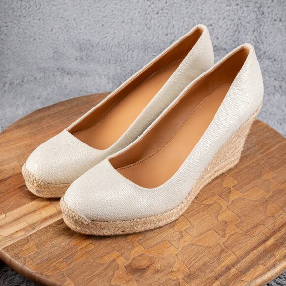 J Crew Seville Espadrille Wedge Platform Metallic Canvas Cream Taupe Gray Gold 9 - Picture 3 of 6